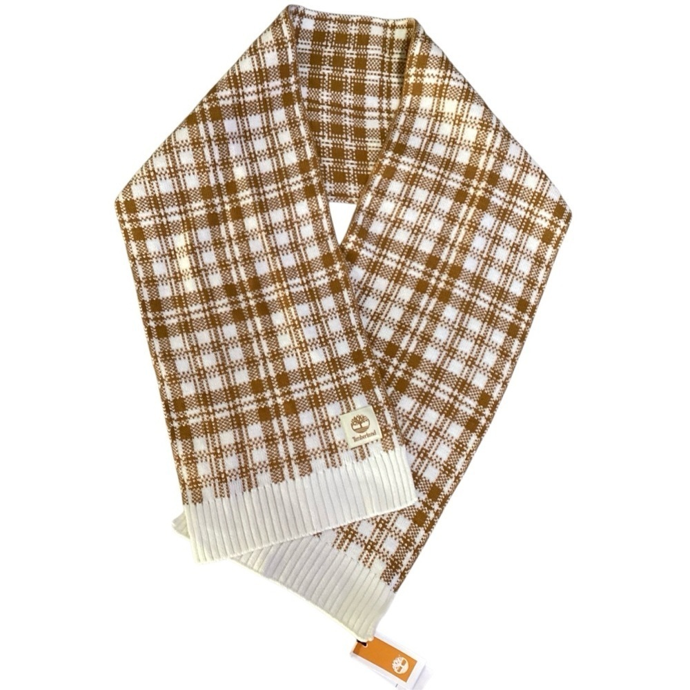 Timberland Buffalo Plaid Knit Scarf in Camel and Cream. Unisex. NWT